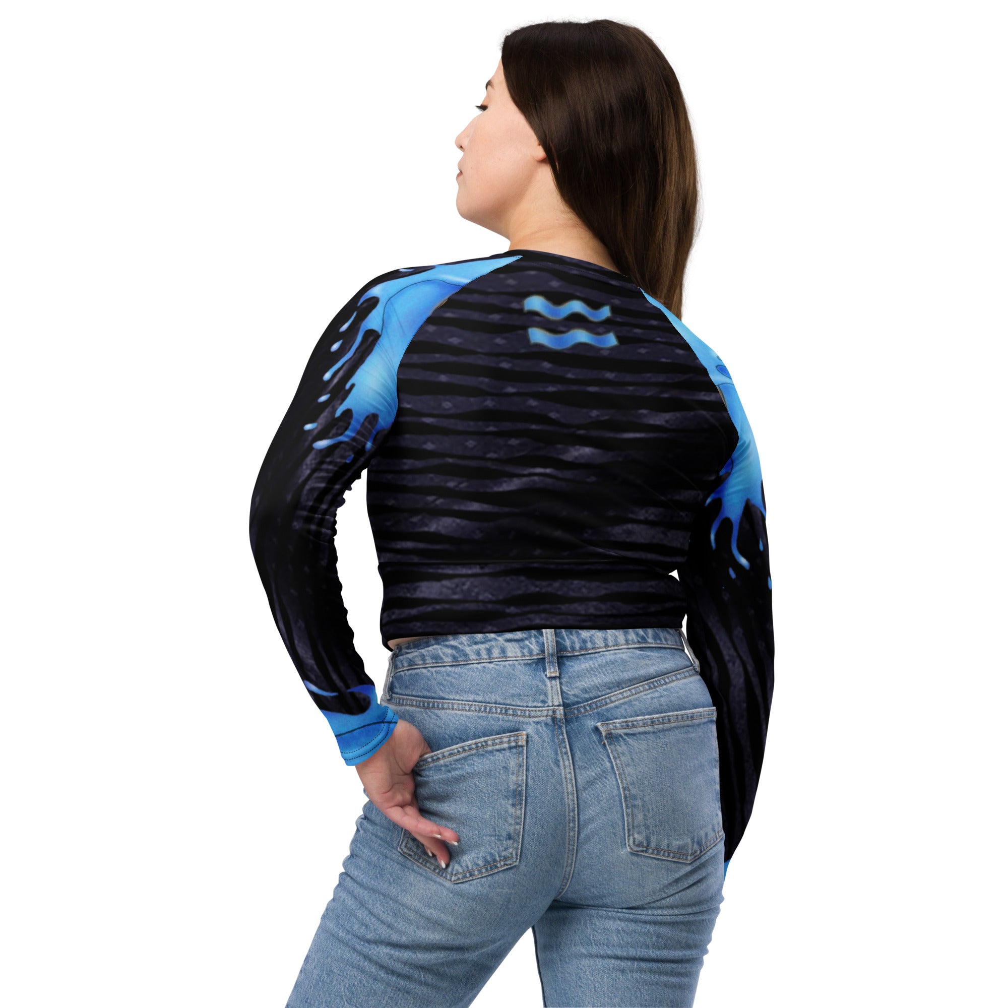 Recycled Long-Sleeve Crop Top- Gym Wear or Streetwear for Aquarius- "Cosmic Aqua" by WickedYo.
